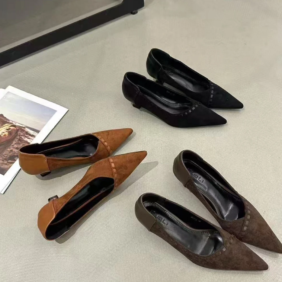 Q-2磨砂浅口尖头细跟单鞋黑色浅口鞋低跟机能潮鞋