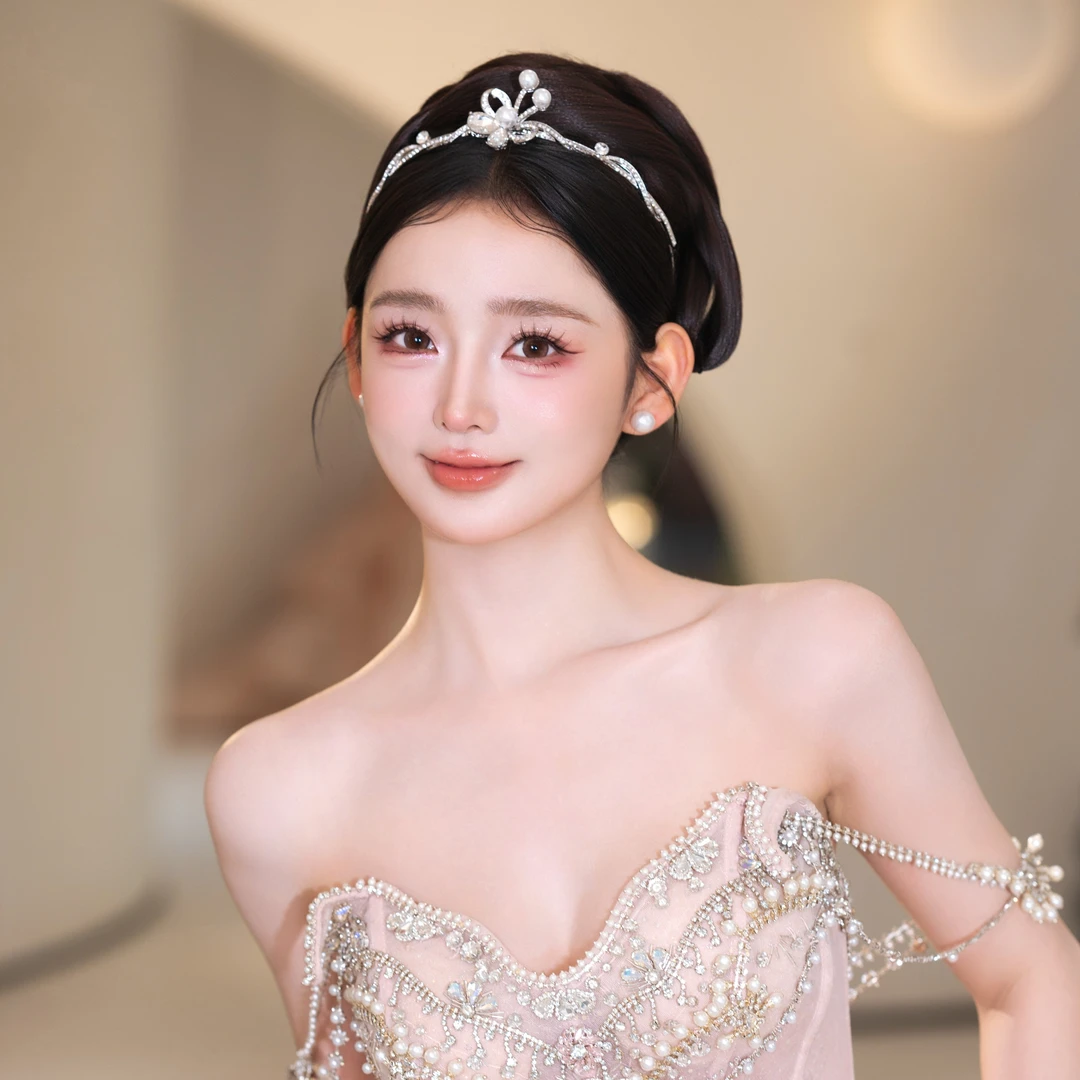 6937新款珍珠小皇冠新娘结婚简约缎面百搭头饰十八岁王冠生日