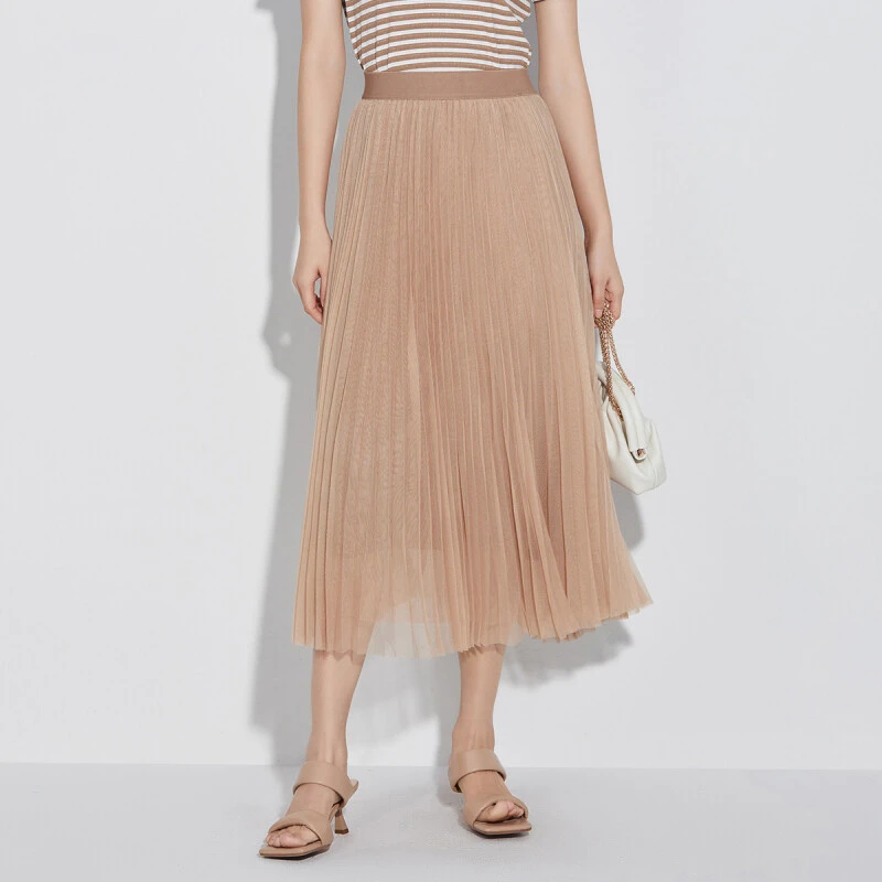 曼德诗网纱半身裙夏季A版显瘦百褶裙优雅百搭中长裙M230753