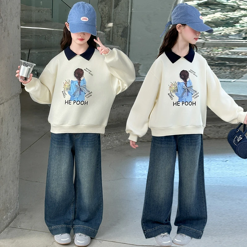 女童秋季套装2025儿童休闲春秋洋气女孩宽松卡通卫衣直筒牛仔裤潮