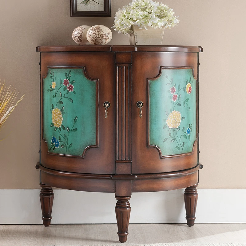 美式彩绘半圆柜小户型装饰柜欧式客厅储物柜走廊靠墙柜门厅玄关柜