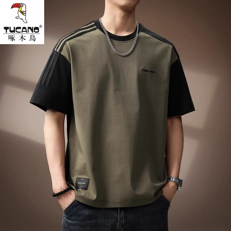 高端美式重磅三条杠拼接短袖T恤男夏季潮牌宽松圆领休闲运动体恤