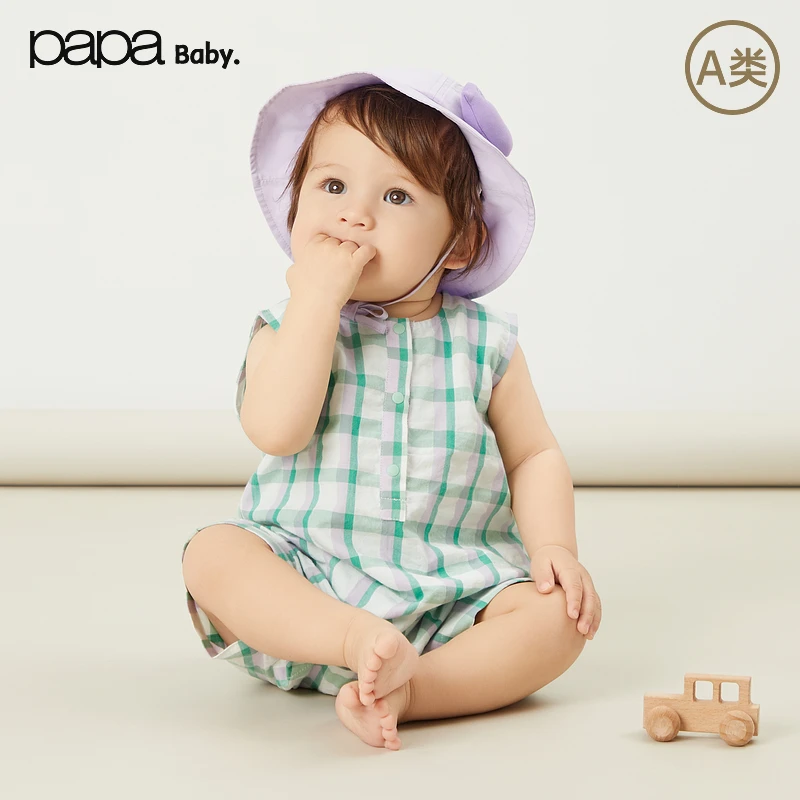 【商场同款】papa爬爬夏季婴儿连体衣夏款宝宝休闲风无袖爬服薄款