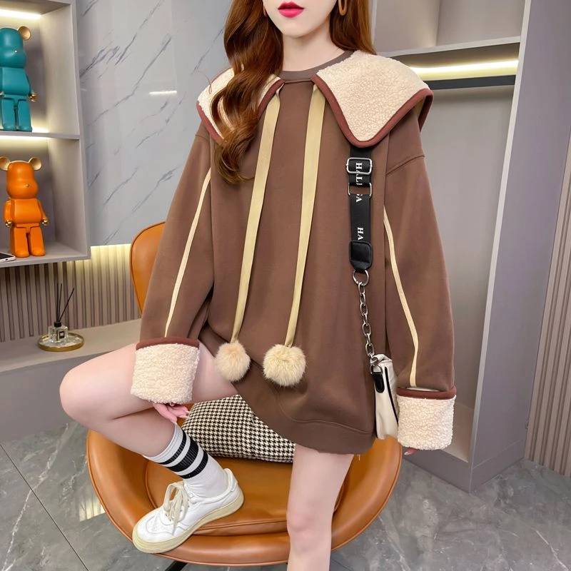 韩版中长款重工260克刺绣海军娃娃领加绒毛毛球绳长袖卫衣女秋冬