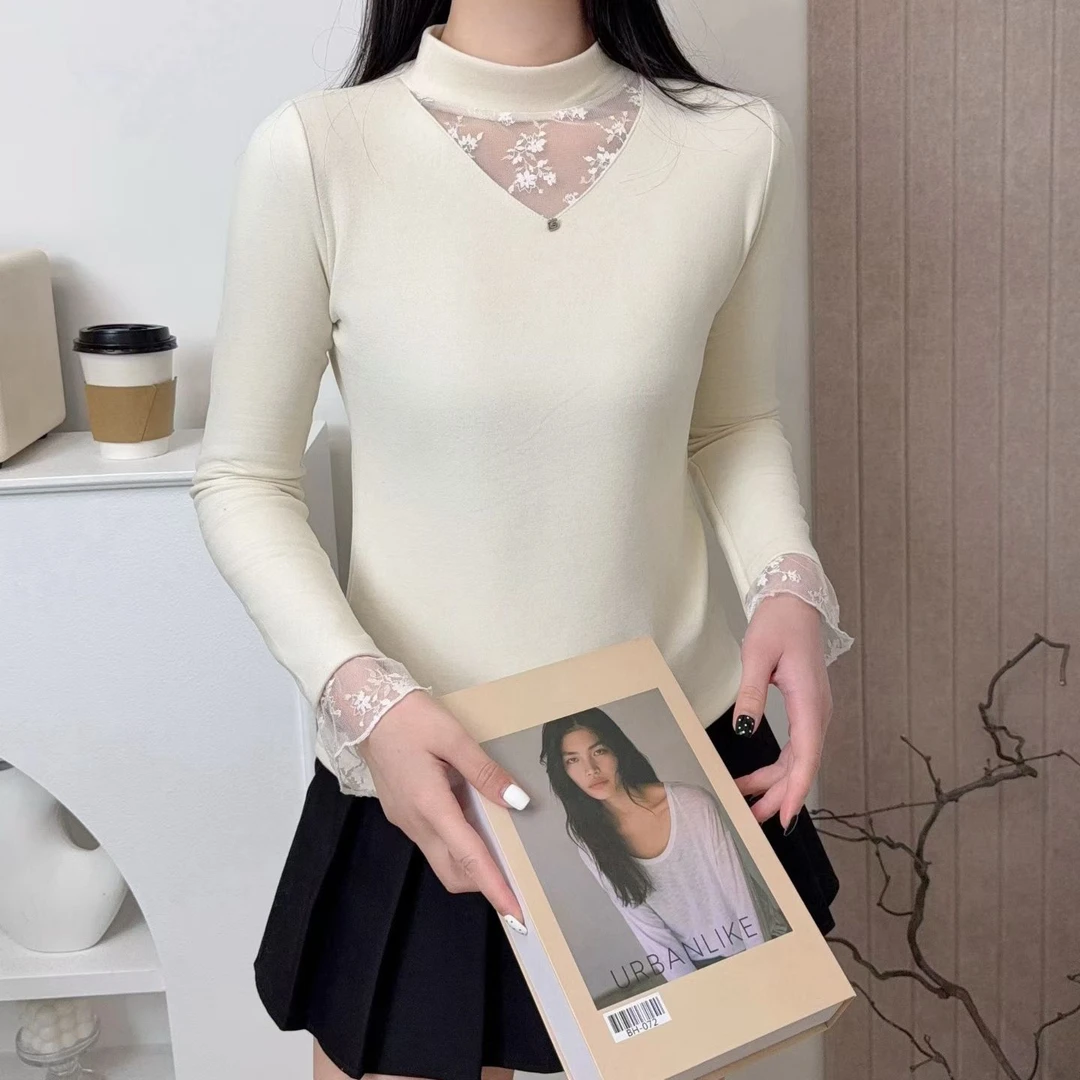 新款半高领女士纯色蕾丝T恤加厚秋冬季韩系修身女t恤显瘦长袖上衣