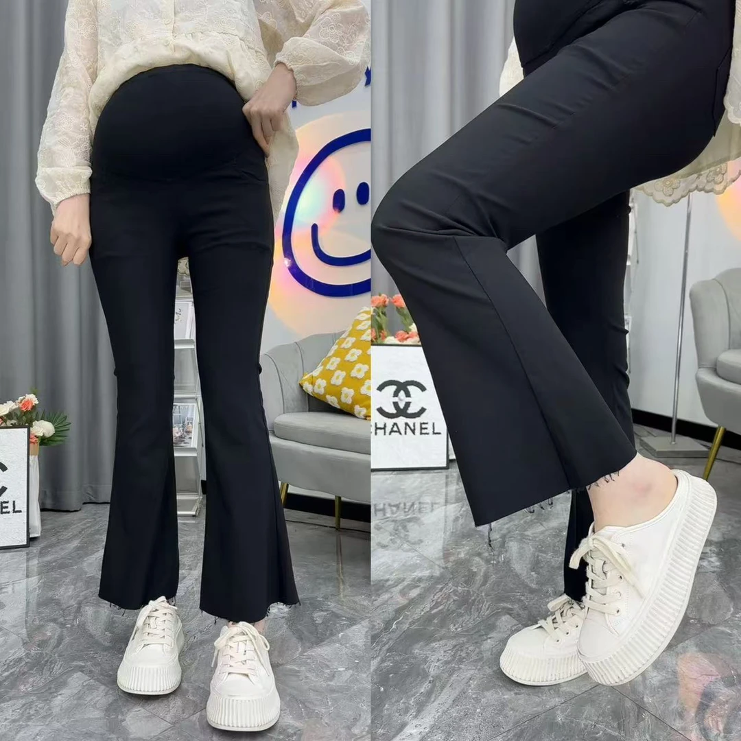 孕妇裤子春夏款外穿大码时尚弹力显瘦黑色托腹长裤八分九分喇叭裤