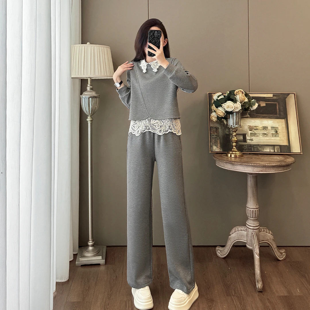 高级感上档次时尚休闲蕾丝撞色春秋长袖卫衣阔腿裤洋气穿搭两件套