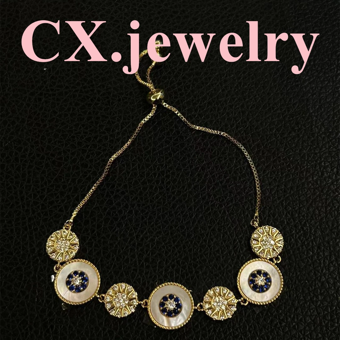 铜合金合成锆石手链 金色圆盘抽拉手链 3065