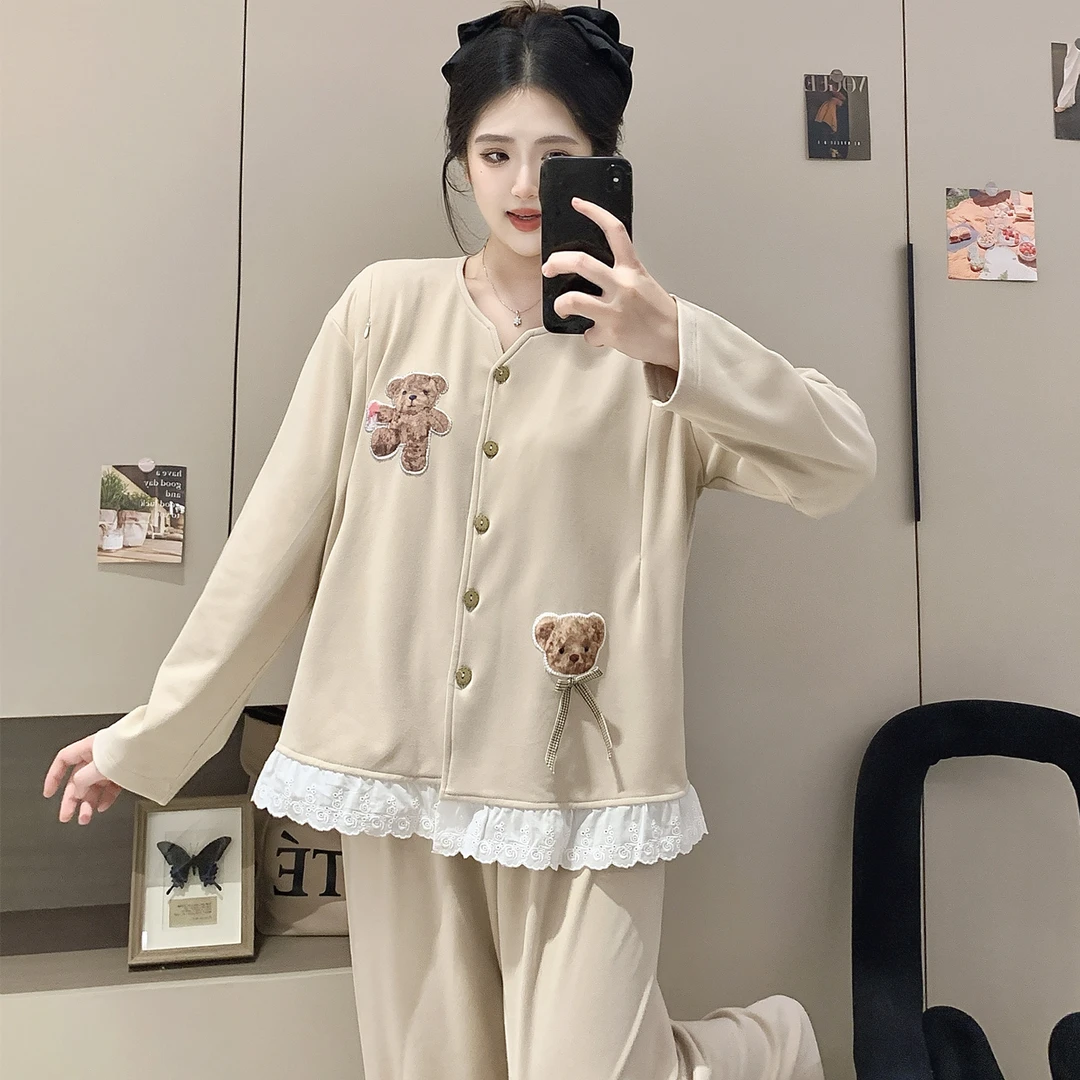 大码德绒月子服秋冬款产后拉链哺乳口孕妇睡衣加厚待产家居服套装