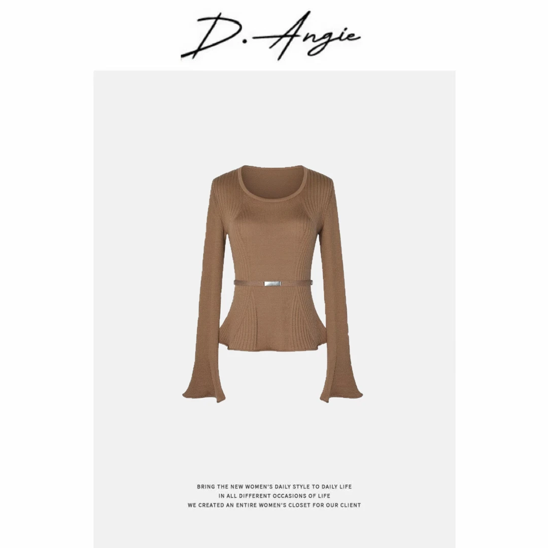 D.Angie【云贝纱】100羊毛高支高密扬子纱立体花朵喇叭袖收腰打底衫