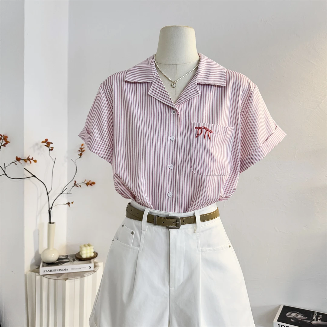 粉色条纹短袖衬衫女2025夏设计感小众古巴领衬衣宽松复古法式上衣