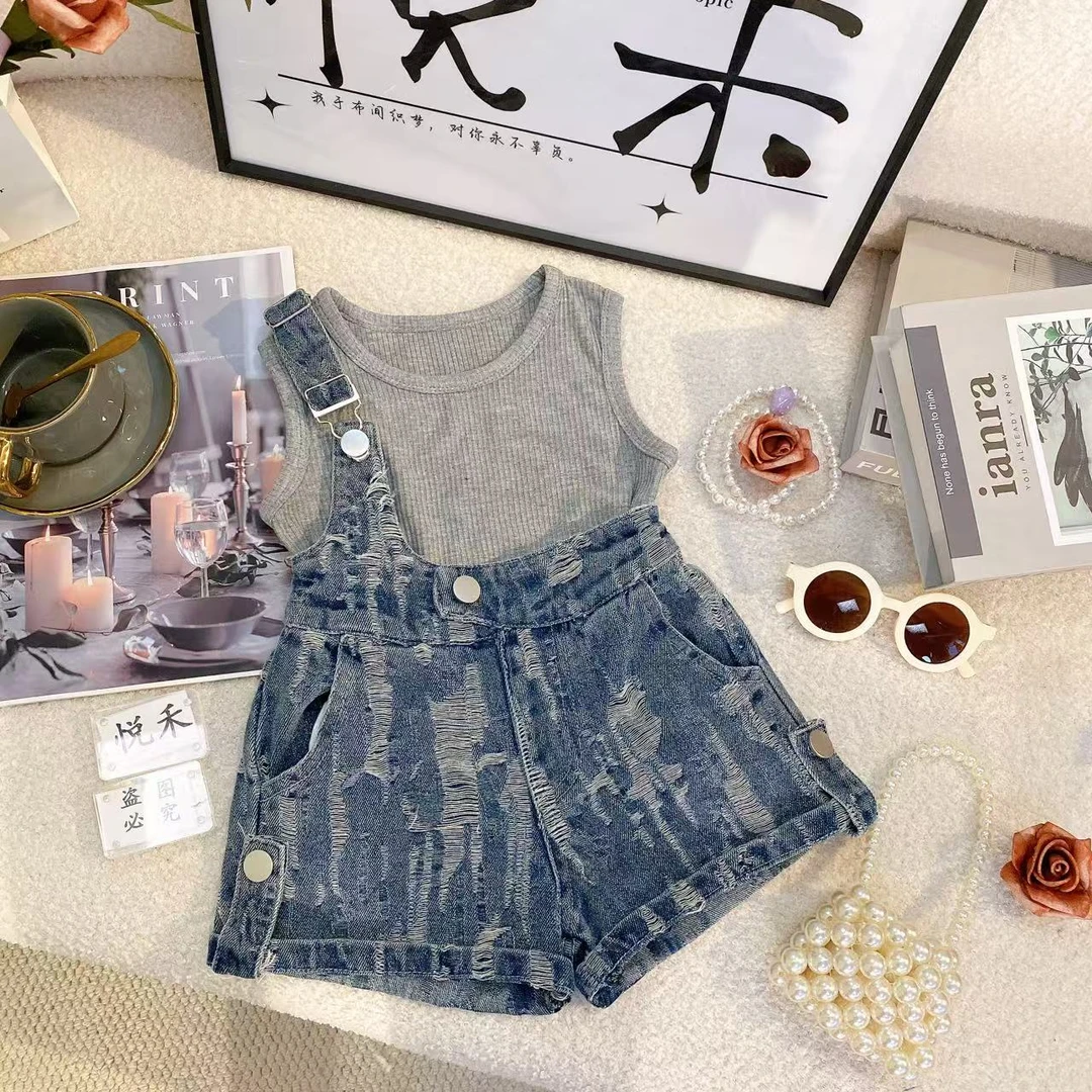 YH夏季新款2025女童休闲百搭时尚洋气镂空韩版牛仔套装8552