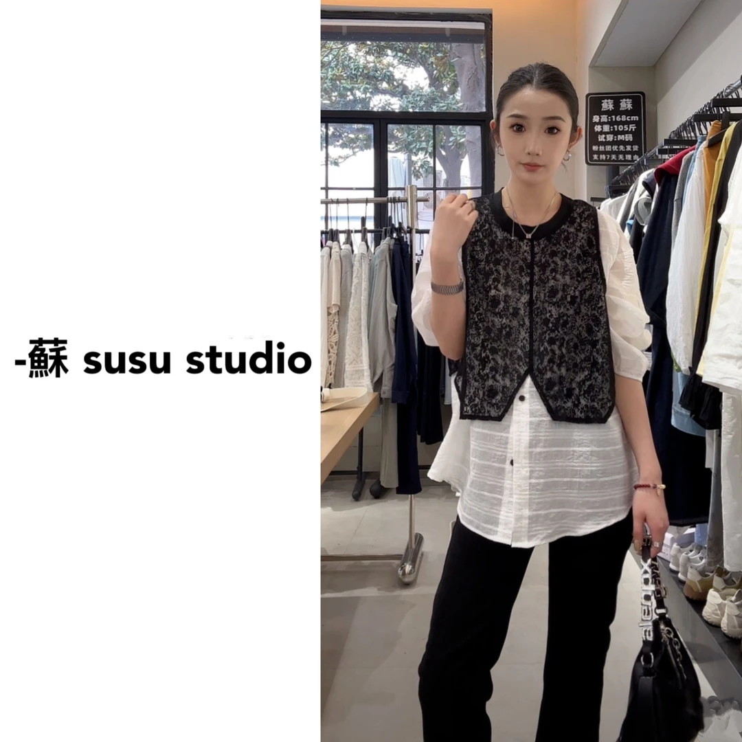 ZX6220高级感薄款马甲叠穿衬衫女2025春季新款宽松假两件半袖上衣