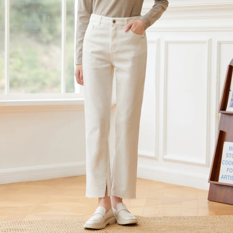 famecoco修身微喇牛仔裤时尚遮肉显瘦高腰直筒裤F208GA011