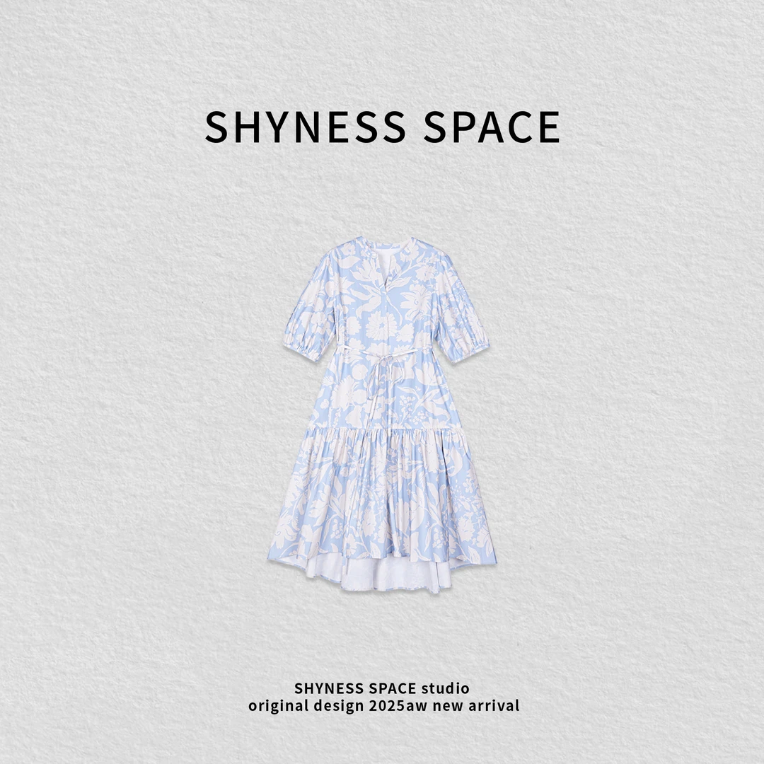 春夏季泡泡袖轻职场蓝色设计感碎花印花显瘦连衣裙HB339