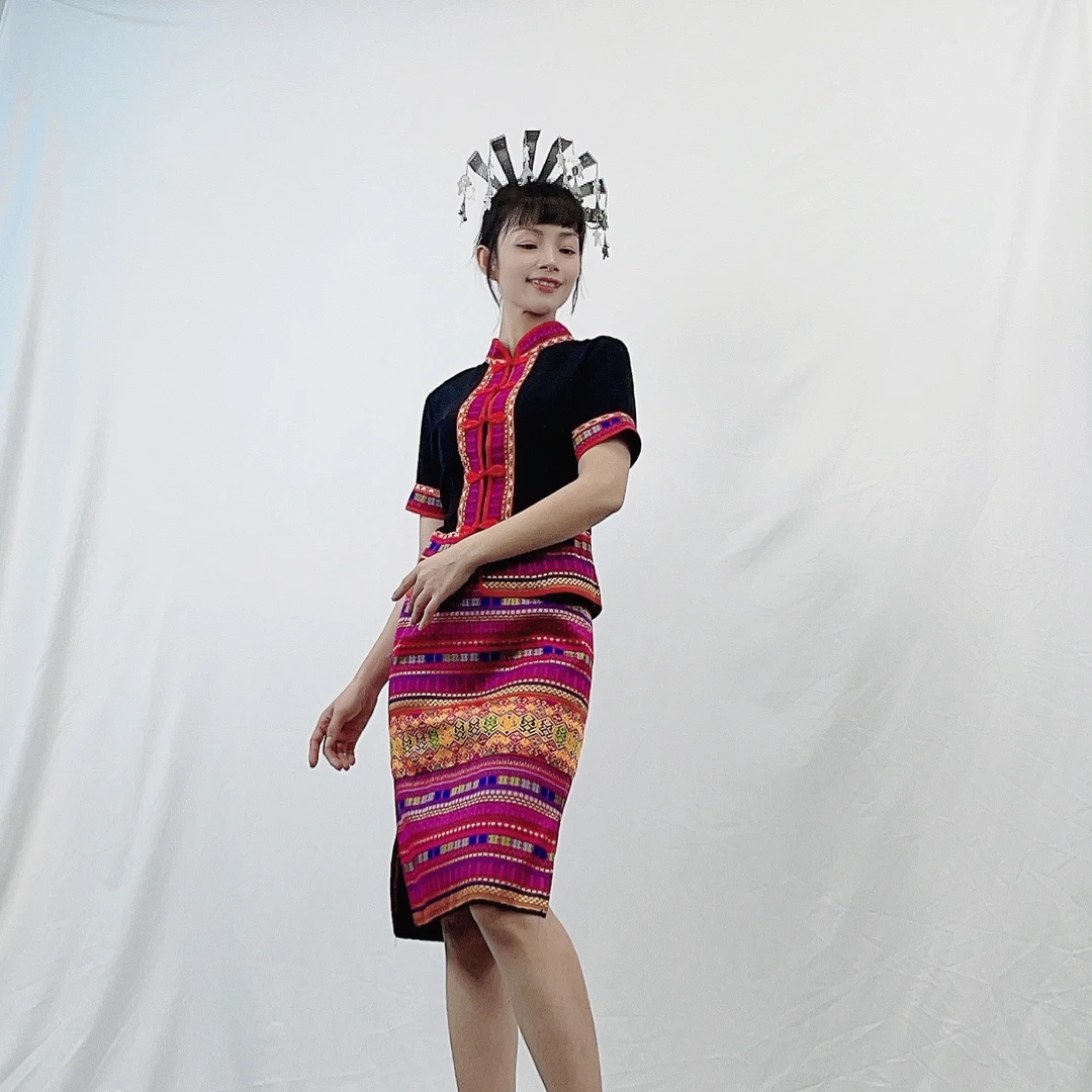 海南黎族紫气东来短袖中裙套装气质大方出嫁女舞台黎族服装服饰