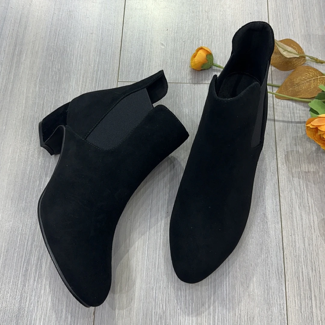 酷牌羊皮短靴休闲英伦风女靴时尚百搭黑色尖头秋冬粗跟靴子8291