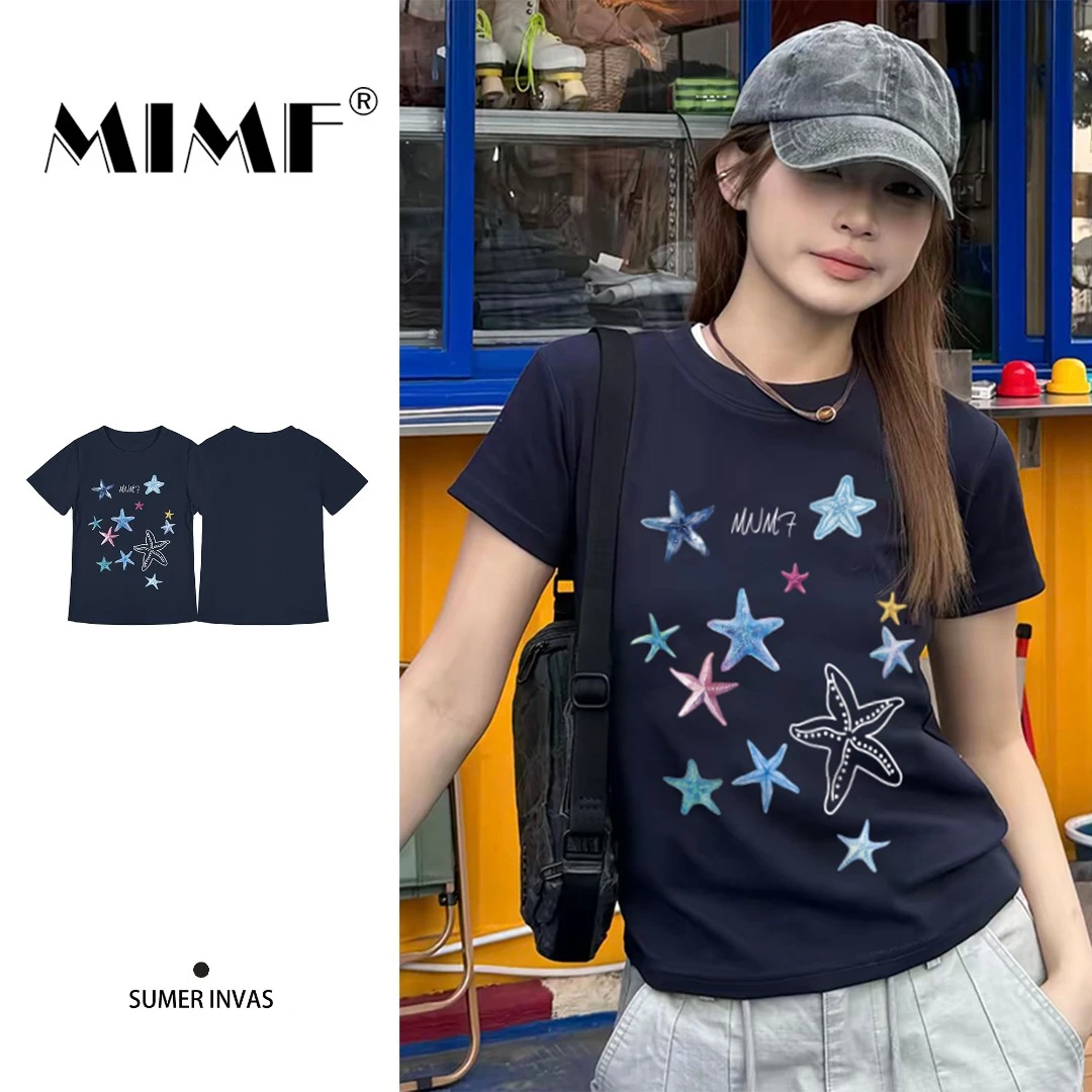 mnmf韩系修身星星印花藏青色正肩夏季休闲装短袖T恤女装显气质ins
