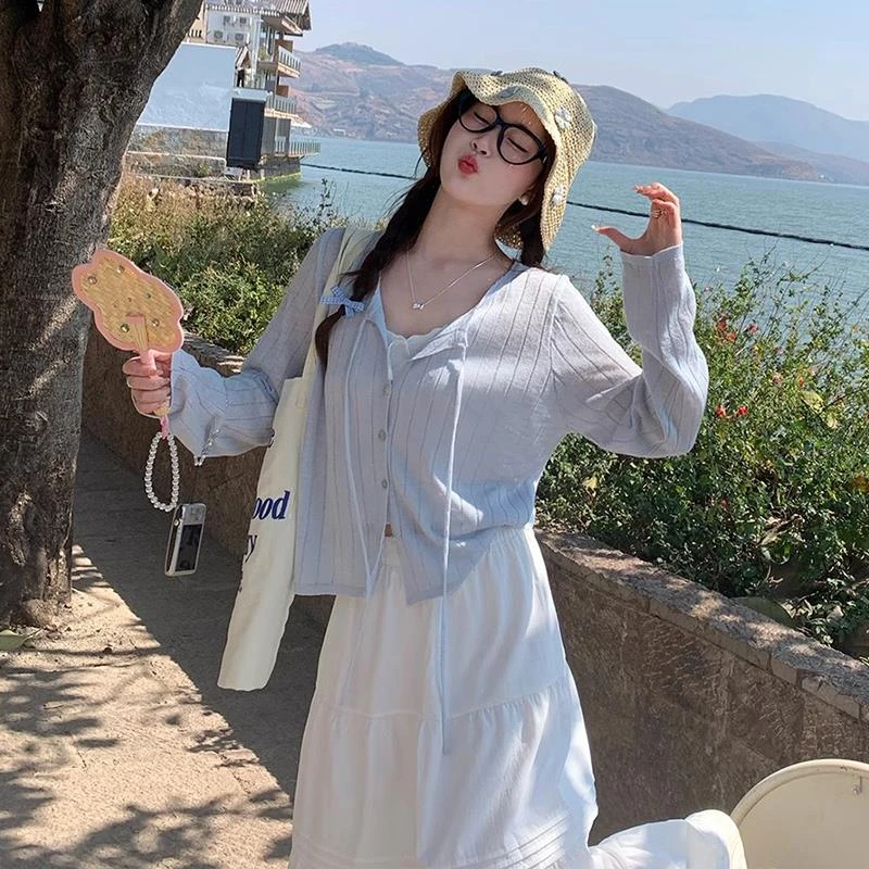 蓝色冰丝针织防晒开衫女薄款2025新款夏季吊带裙外搭罩衫外套上衣