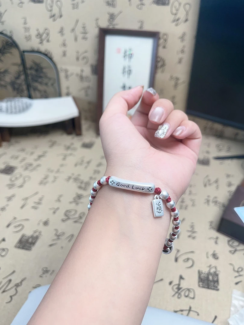 足银手链  good lucky 笑脸新中式古法磨砂女生百搭