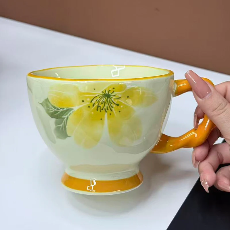 【金菊绽放麻花杯】家用创意重工黄色花朵早餐杯麻花手柄杯