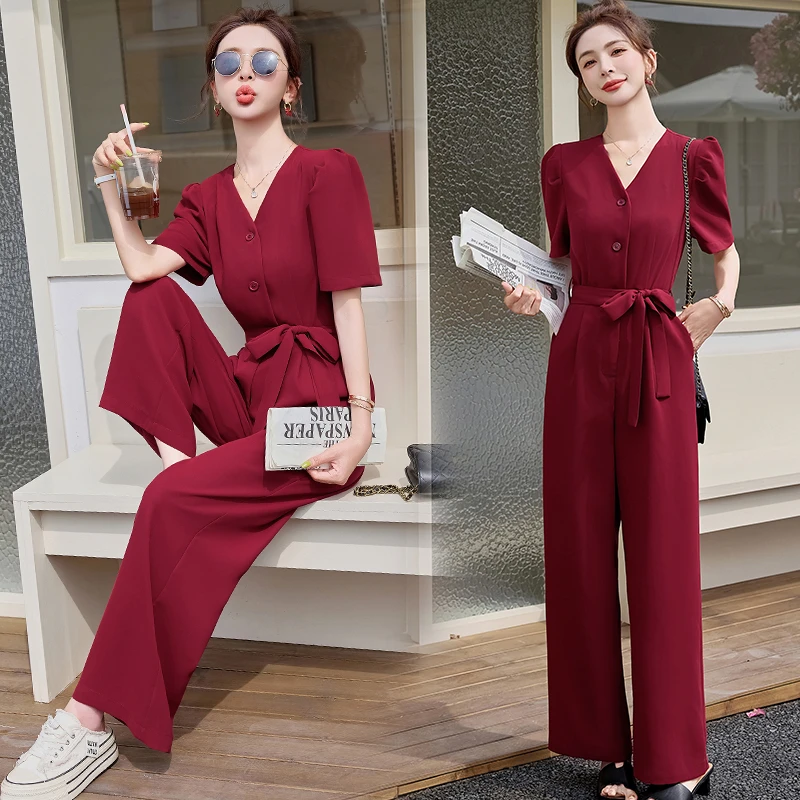 8318P115时尚V领纯色女装阔腿裤连体裤有