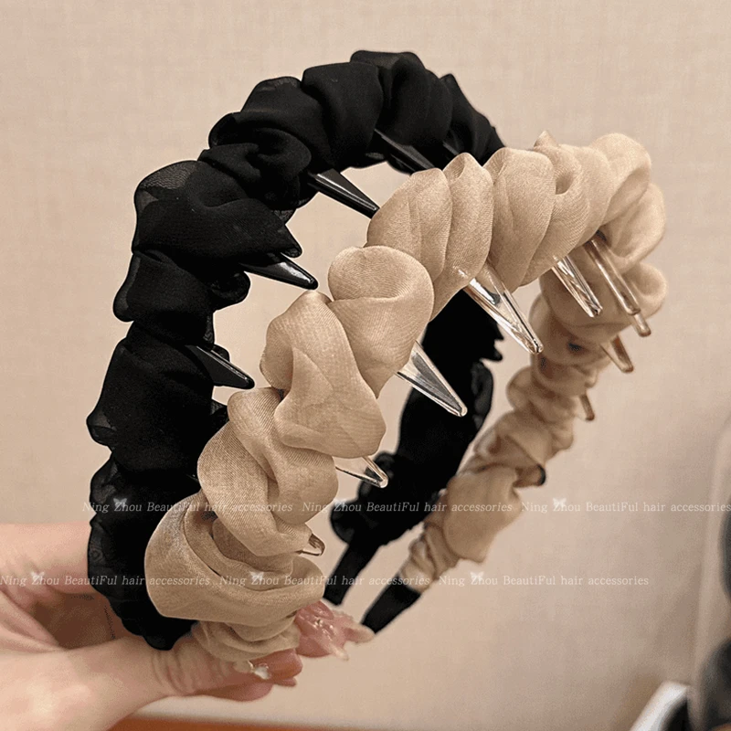 新款网纱褶皱带齿发箍女洗脸防滑压发头箍外出百搭头饰高颅顶发卡