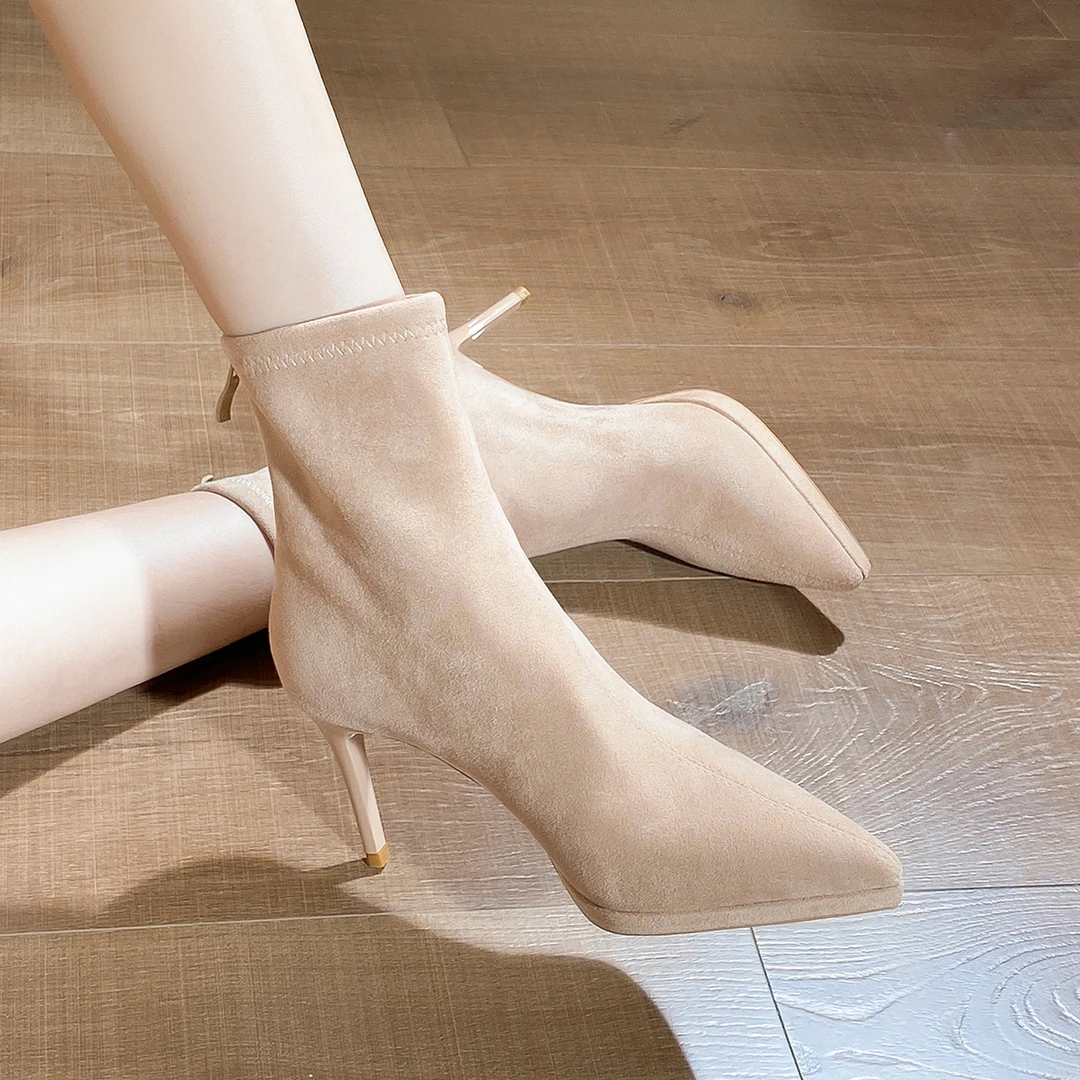 弹力靴女细跟尖头绒面短靴冬季百搭高跟瘦瘦靴防水台法式显瘦裸靴