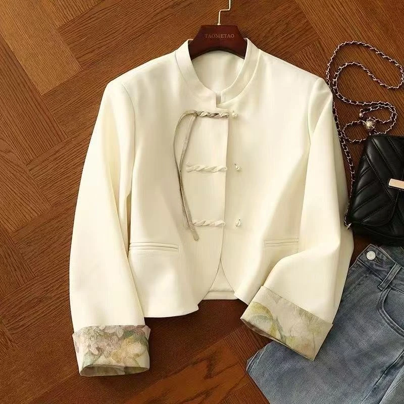 C071国风短外套中式春秋新款加肥加大码气质盘扣小个子显瘦上衣