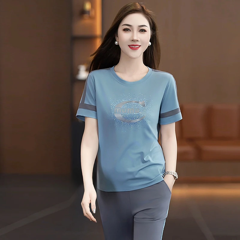2025夏季新款洋气显瘦圆领短袖休闲直筒裤两件套冰丝运动服套装女