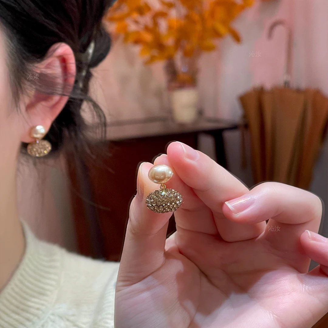 【沁汝饰品】FQ848珠珠满锆质感拼接耳钉高级百搭气质