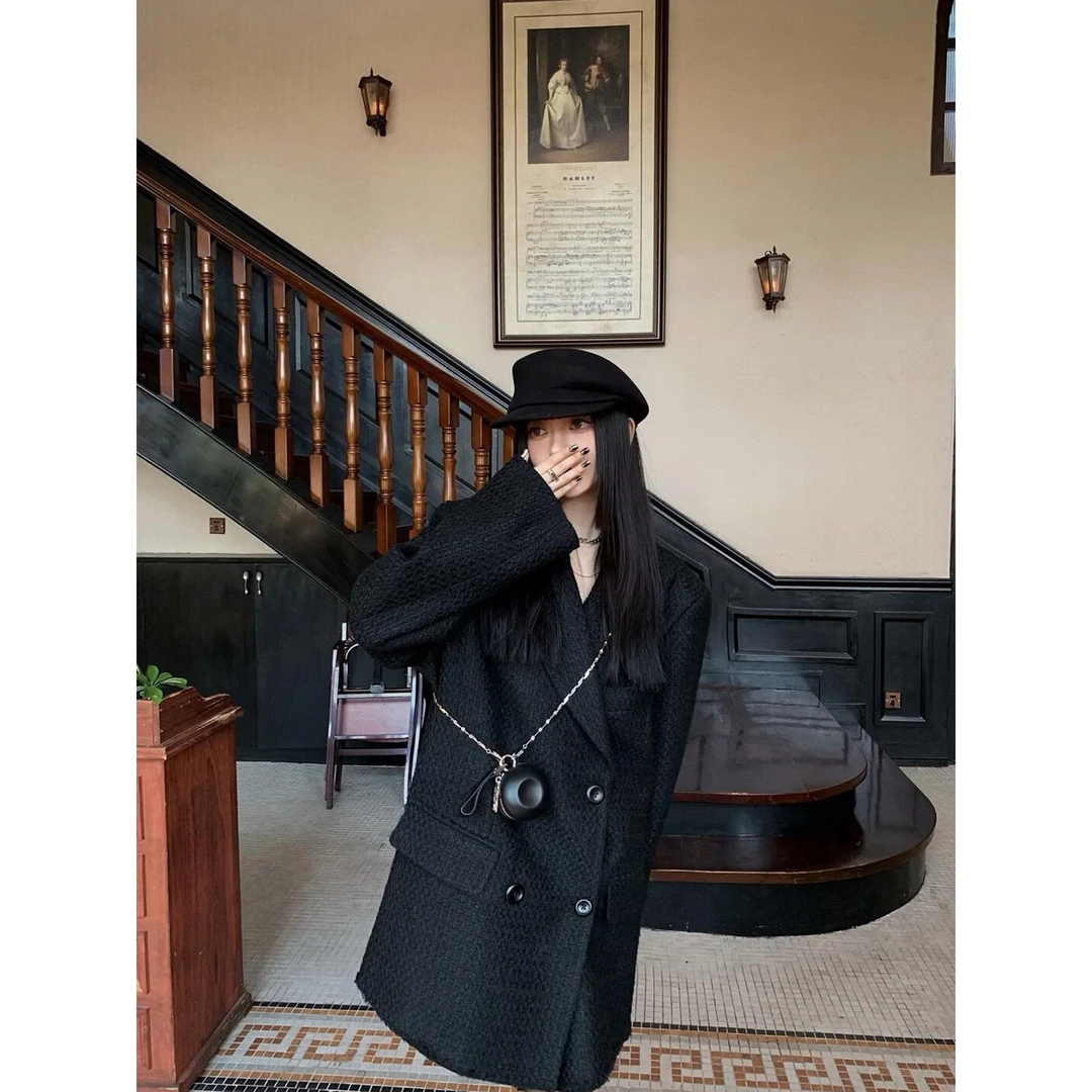 VOCKOO官方深冬独特超好看黑色呢子大衣女入冬季2025新款毛呢外套