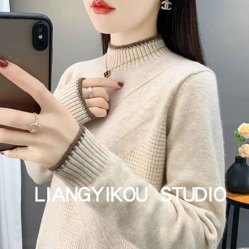 半高领毛衣女套头秋冬新款时尚宽松针织打底衫内搭气质上衣加厚