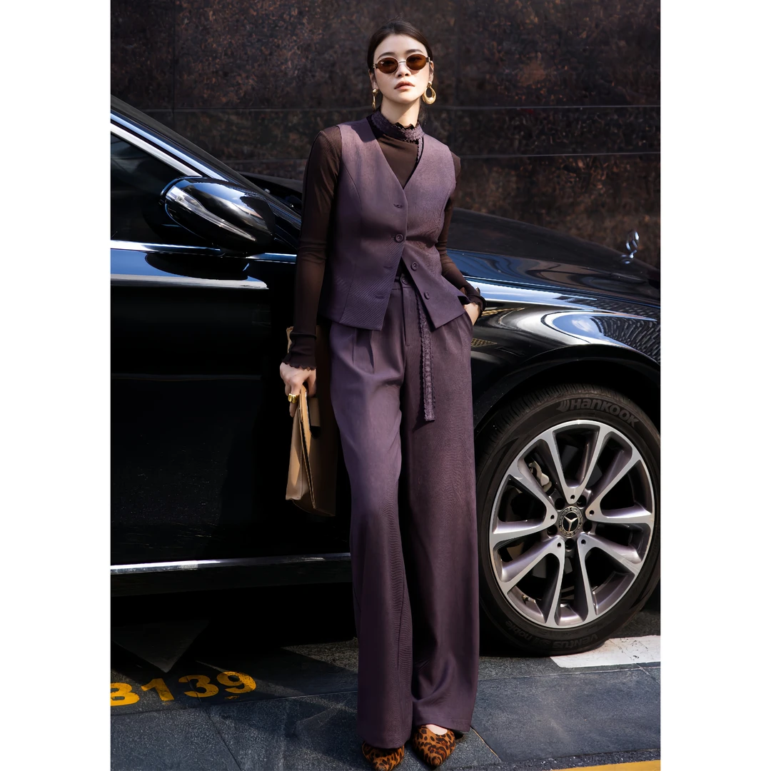 ZEROYK老钱风高级感职业套装女2025秋季蕾丝系带马甲阔腿裤两件套