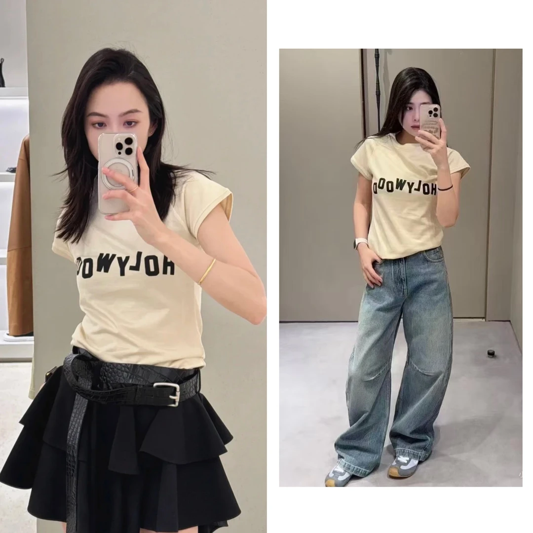杰瑞【好莱坞】李予诺同款极简设计字母圆领插肩袖短袖T恤短袖女