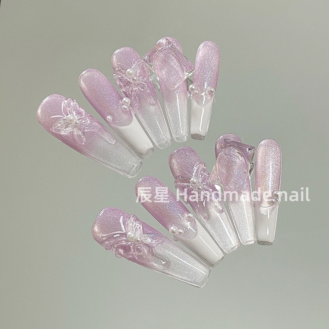 【紫薇】法式猫眼细狗长梯穿戴甲猫眼爆闪手工穿戴式美甲个性美甲