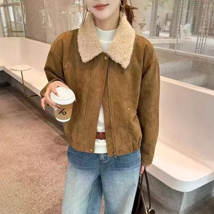 羊羔毛翻领麂皮绒夹棉外套女欧洲站2025秋冬时尚宽松休闲加厚棉服