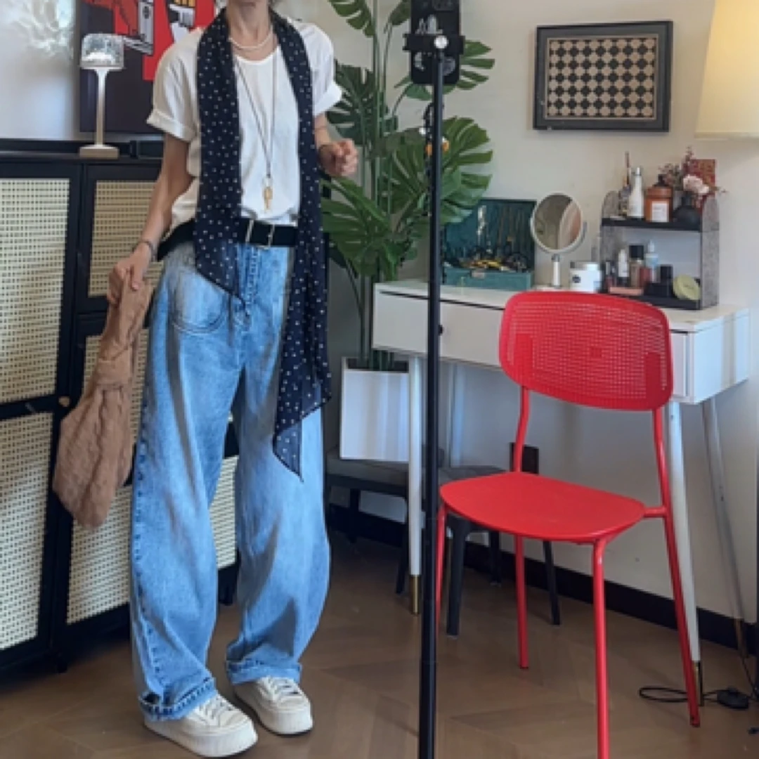 （特价No退No换）复古水洗做旧牛仔裤直筒宽松阔腿长裤