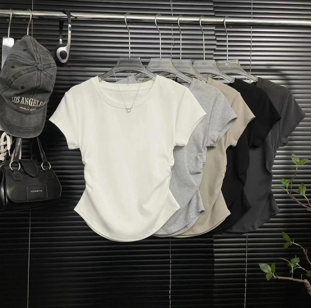 夏季圆领V领设计感褶皱收腰百搭显瘦短袖正肩纯色打底t恤女
