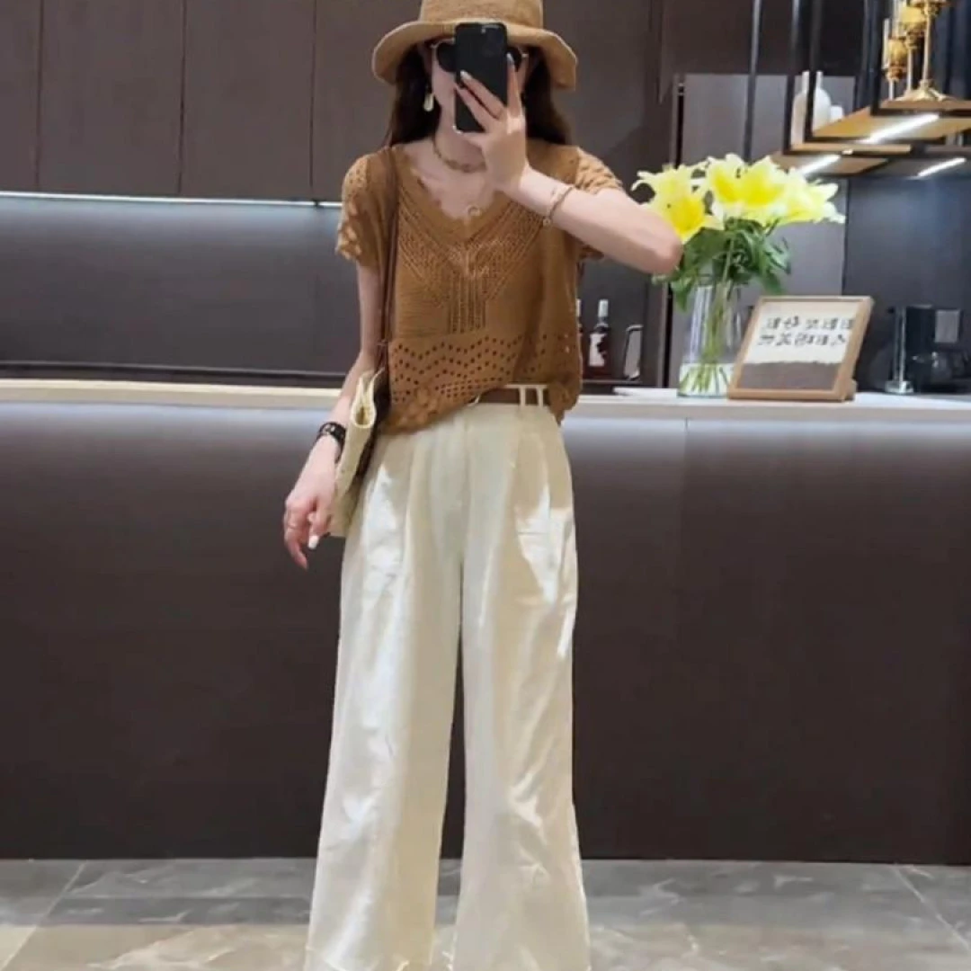 2024夏季新款复古设计感镂空短袖针织上衣高腰显瘦阔腿九分裤子女