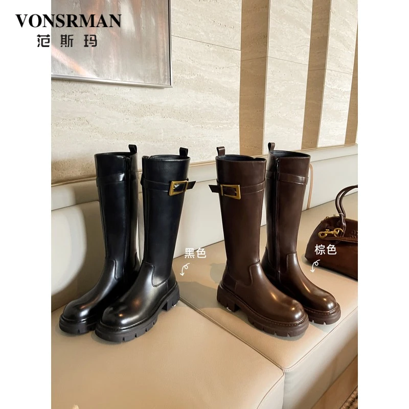 棕色长靴金扣厚底长筒靴子女秋冬季2025新款小个子黑色高筒骑士