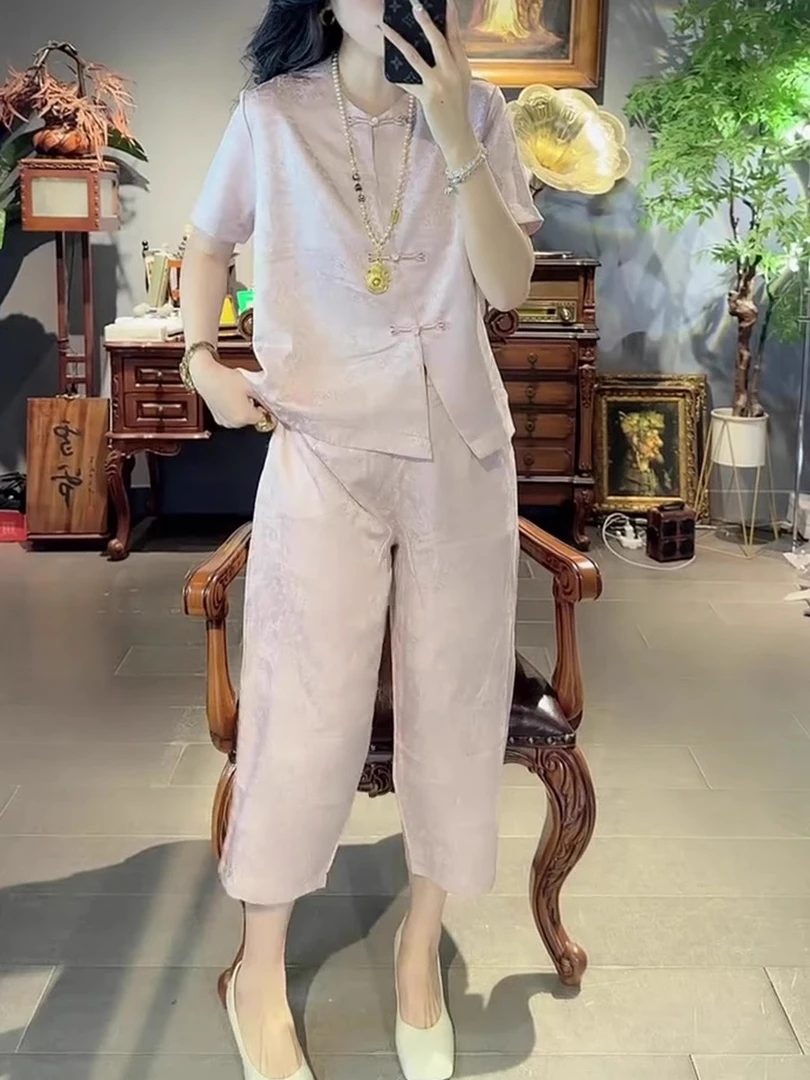 2025夏季新款大码女装新中式国风两件套装短袖上衣哈伦休闲八分裤