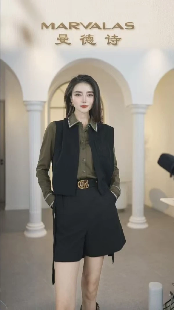 【曼德诗】复古衬衫收腰休闲时尚设计感百搭330756-83475