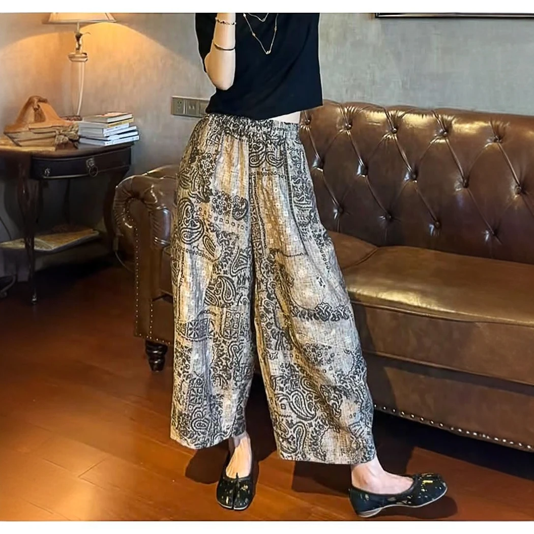 2025年夏季新款复古印花薄款抽绳宽松阔腿弯刀裤高腰休闲气质百搭