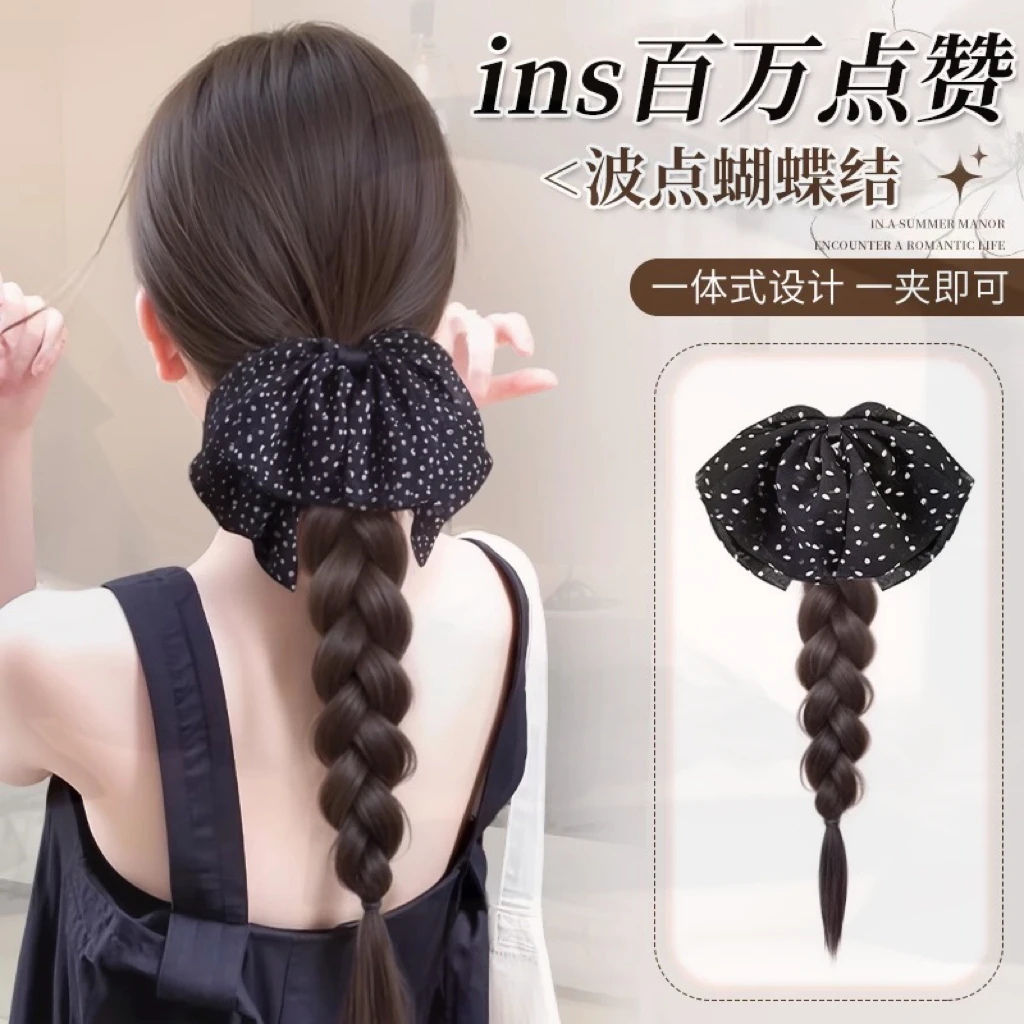 假发辫子马尾女抓夹仿真发低马尾自然麻花辫波点蝴蝶结长辫子发饰