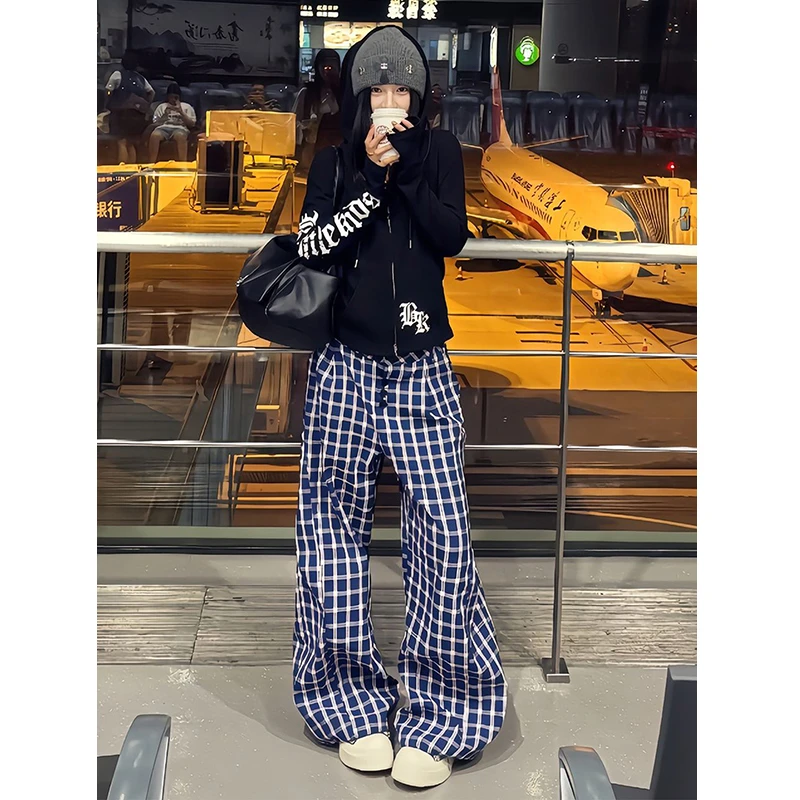 煜甜儿蓝色格子裤女款美式复古慵懒松弛感裤子cleanfit弯刀阔腿裤