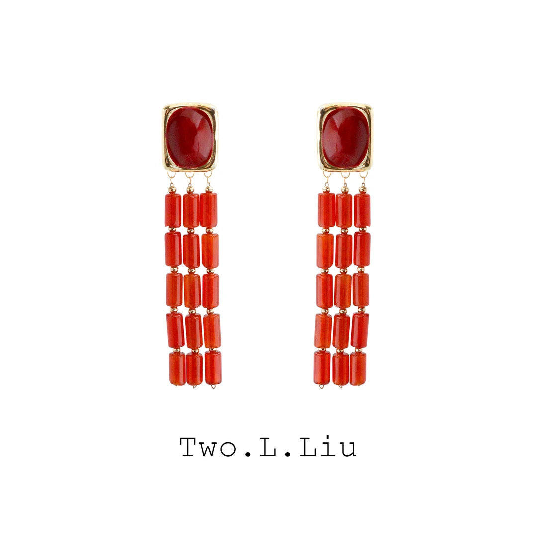 铜合金无非金属耳饰 新中式节日限定耳环女复古红色原创耳饰