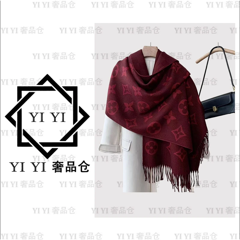 【YI YI/周一一奢品】秋冬新款安哥拉红老花棋盘格围巾