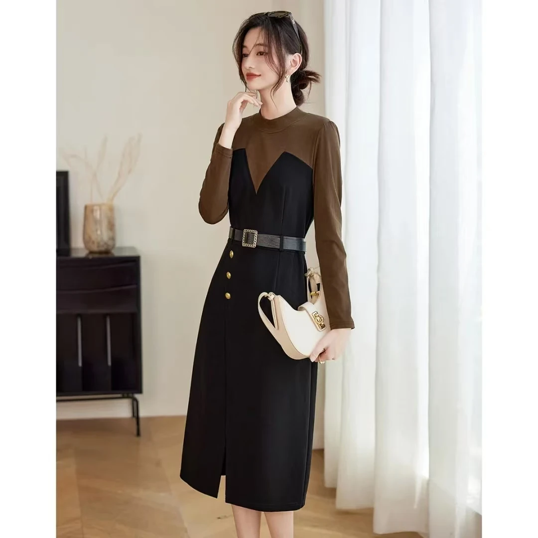 新款撞色拼接丝绒小黑裙气质保暖显瘦连衣裙L725