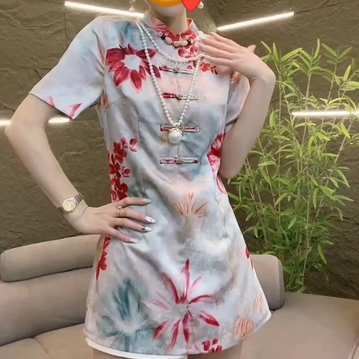 夏季新款2025新中式提花两件套国风新式旗袍上衣短裤爆款清新简约